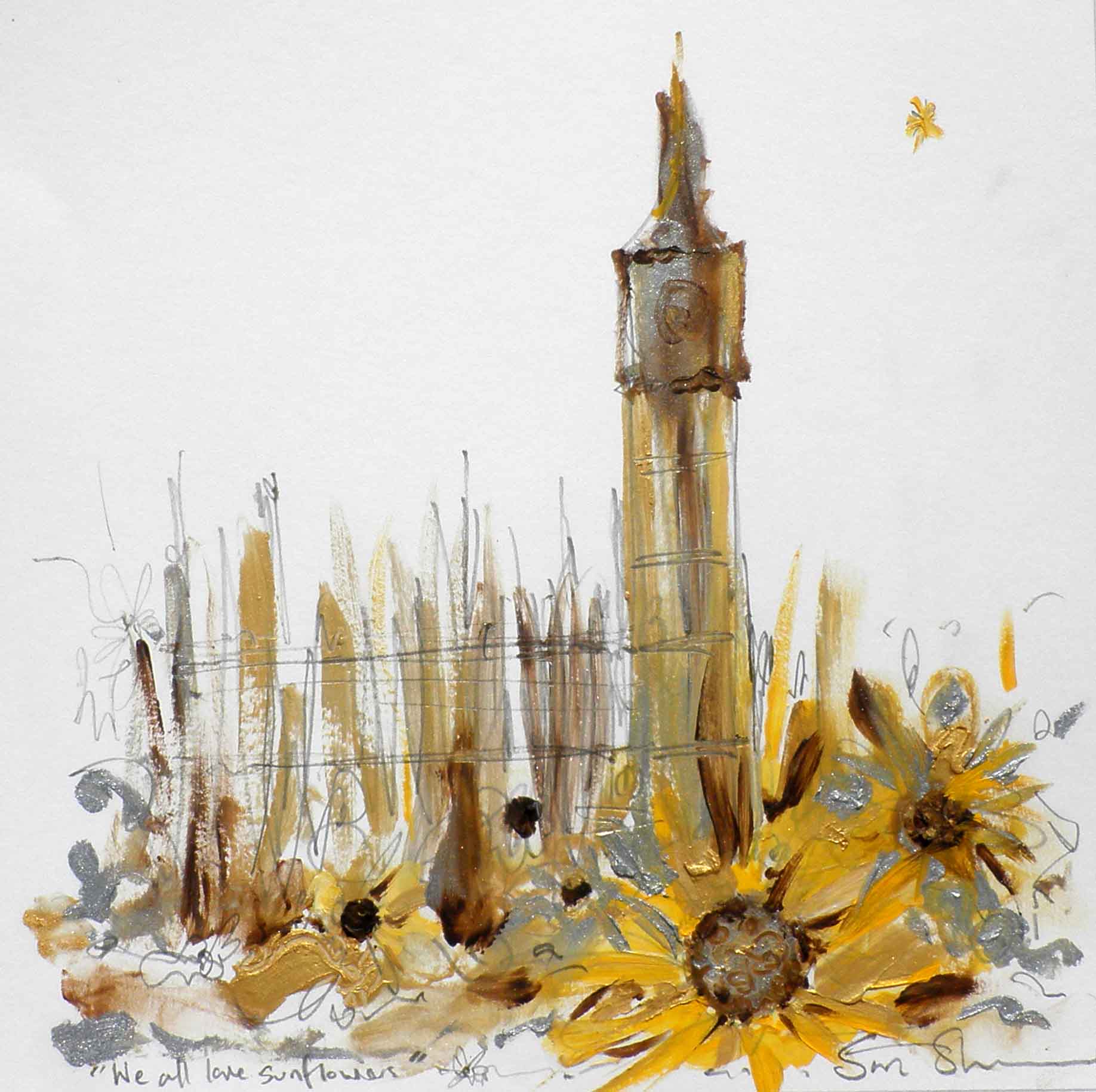 We all love Sunflowers, abstract mixed media painting on paper by Sara Sherwood