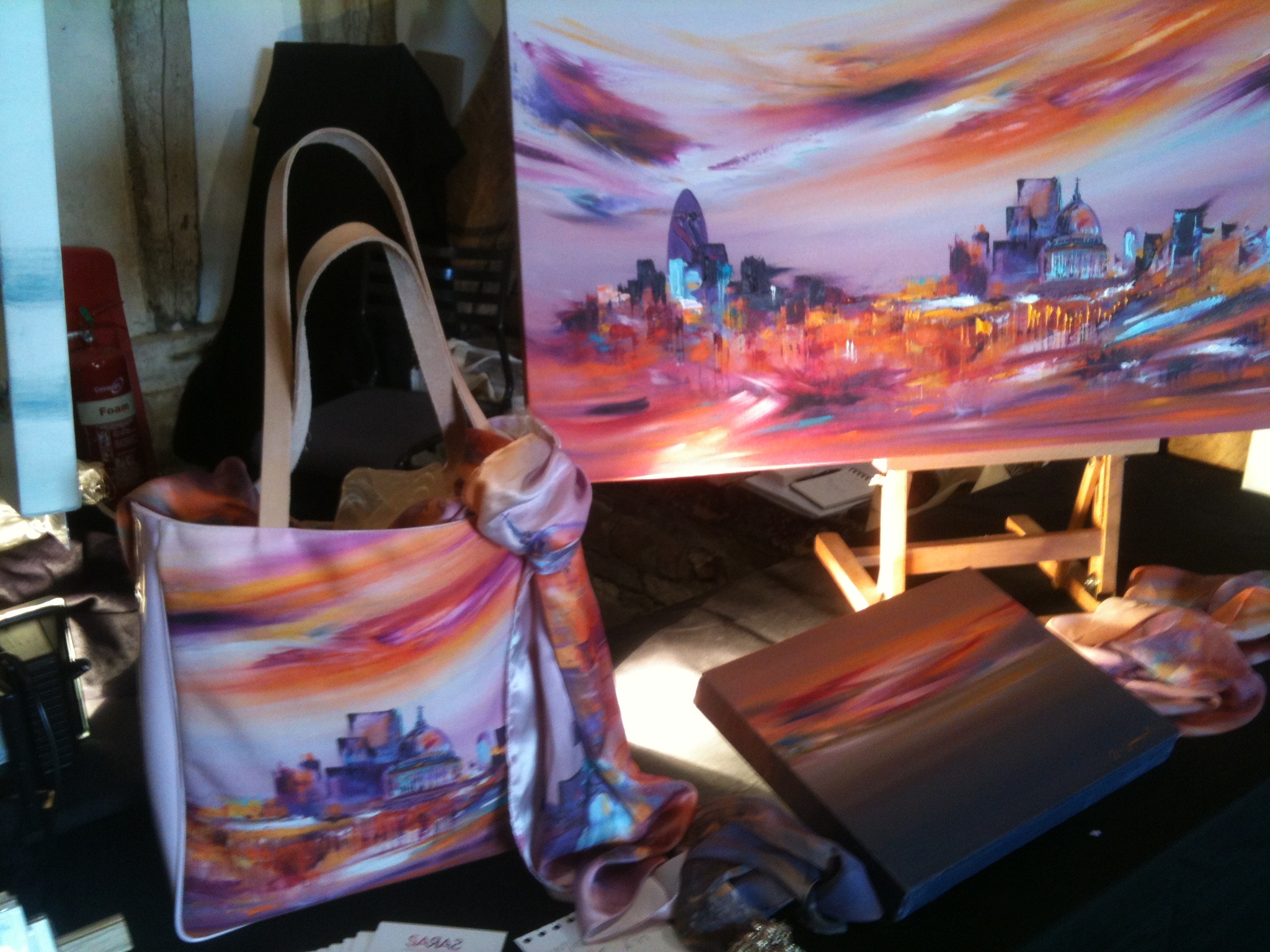 Cityscape Skyline of London: printed bags and hand embellished prints by Sara Sherwood.