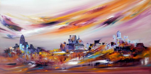 Sara Sherwood - Contemporary Abstract Artist London Buy art online. Painting of London. Buy canvas print. Affordable art that is full of Rainbows everywhere. Colourful skyline art in abstract art prints uk