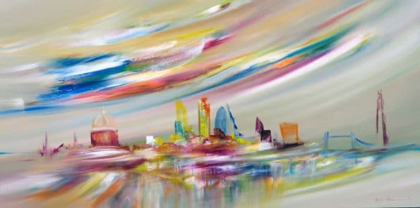 London painting in greens "My Kingdom Come" Abstract cityscape 97762