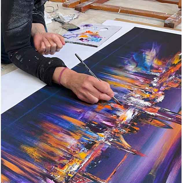 Detail of a Sara Sherwood painting being embellished for a an art workshop