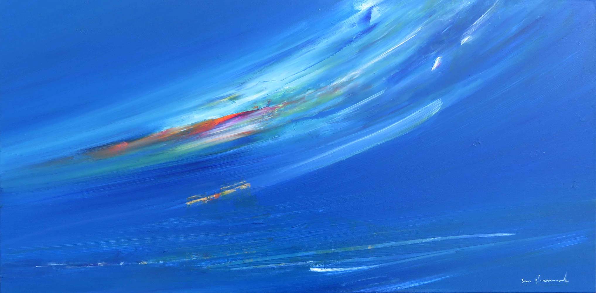 The light comes down. Christian abstract art. Calm blue painting.